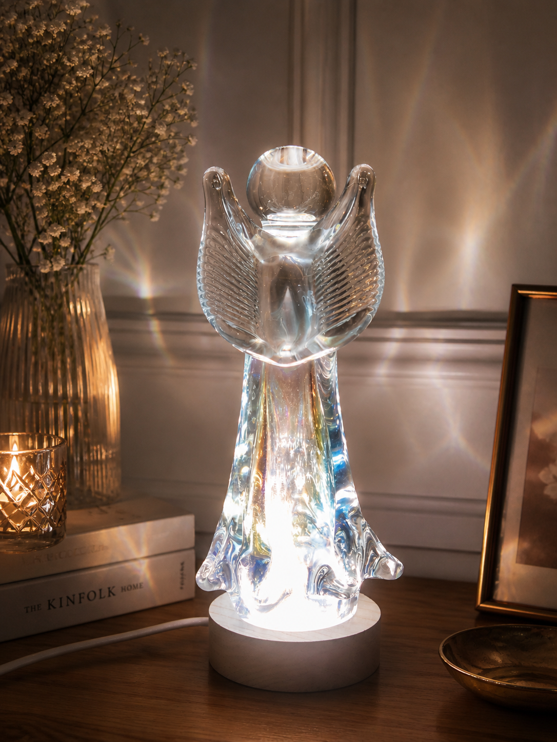 Rękodzieło lampka szklana nocna LED Angel Aniołek biały 17 cm
