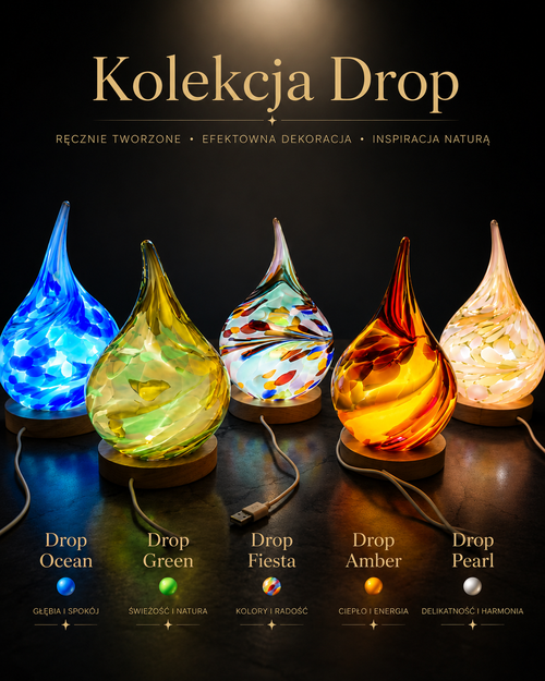 Lampka szklana LED Drop Ocean 12 cm – Ręcznie wykonana kolorowa lampka nocna