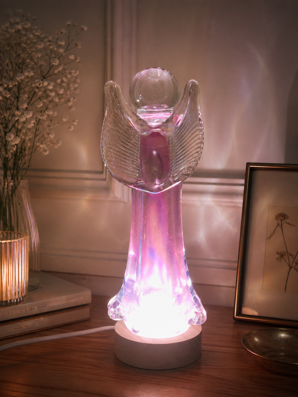 Rękodzieło lampka szklana nocna LED Angel Aniołek multicolor 17 cm