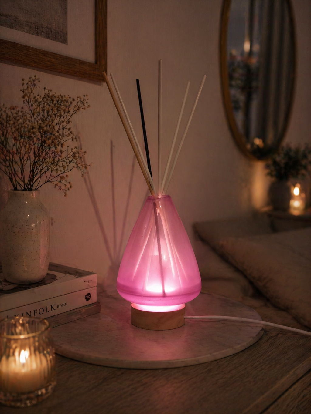 Rękodzieło szklany dyfuzor LED Różowy Art Deco lampka USB 12 cm