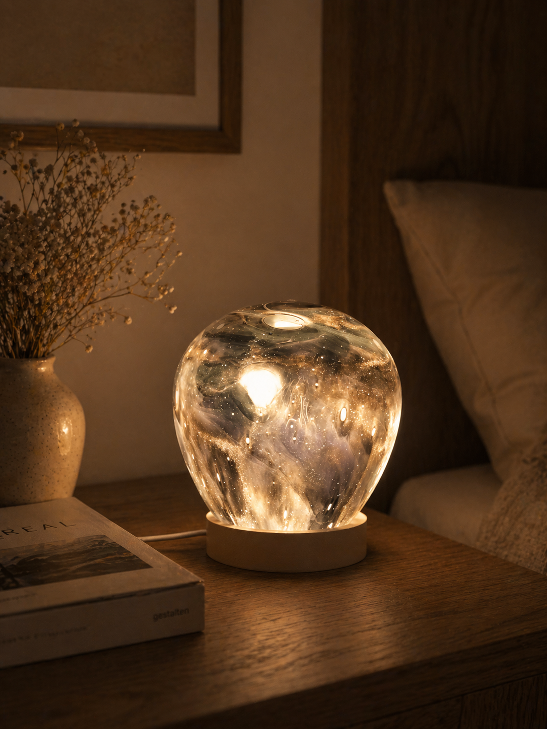 Ręcznie wykonana lampka ze szkła LED lampka nocna  12 cm Galaxy Luna