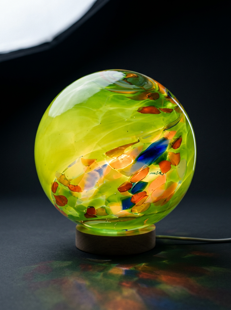 Rękodzieło lampka Green Light szklana nocna LED Zielona Kula 12 cm