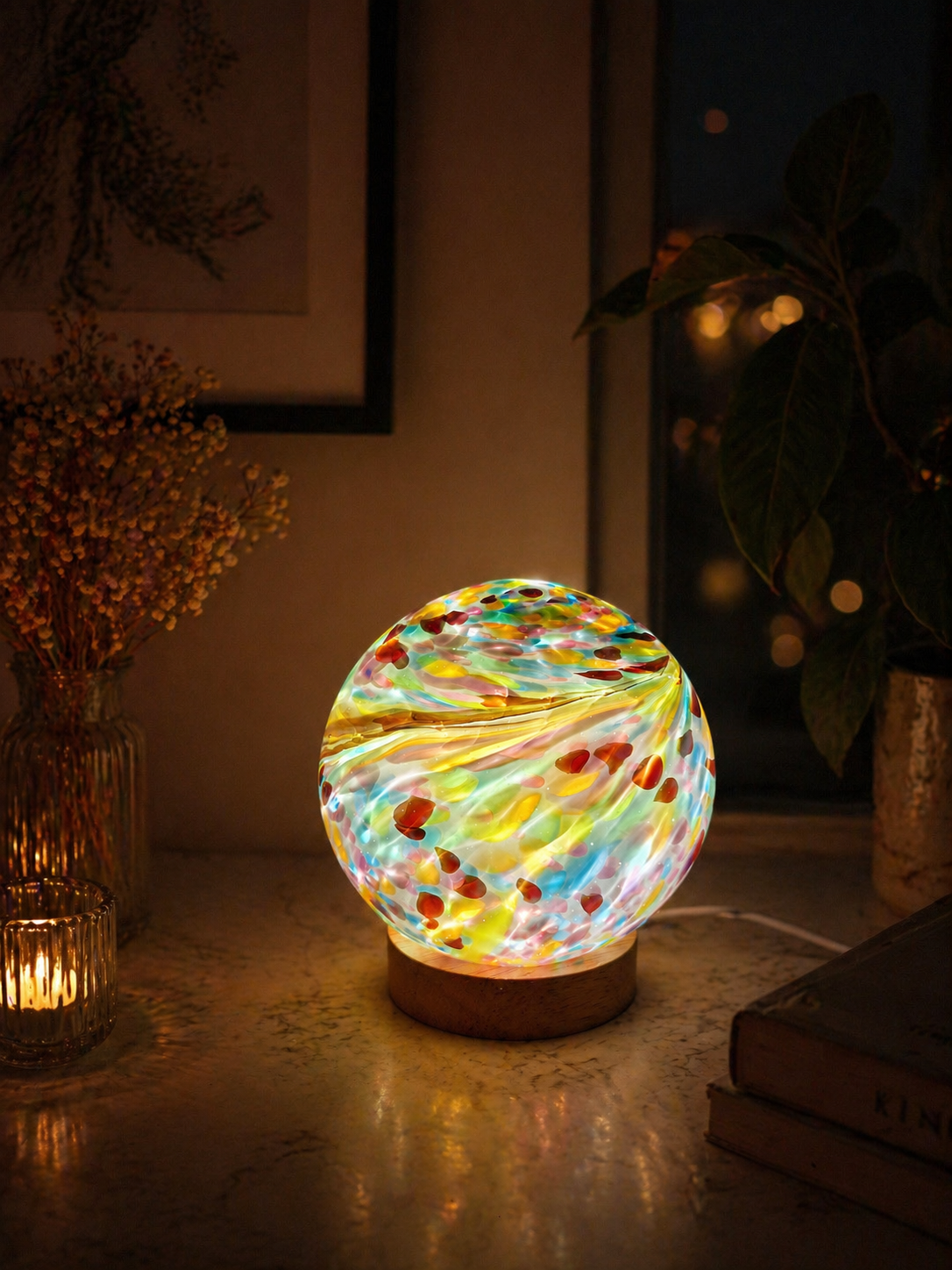 Rękodzieło lampka szklana nocna LED Tęczowa Kula 12 cm