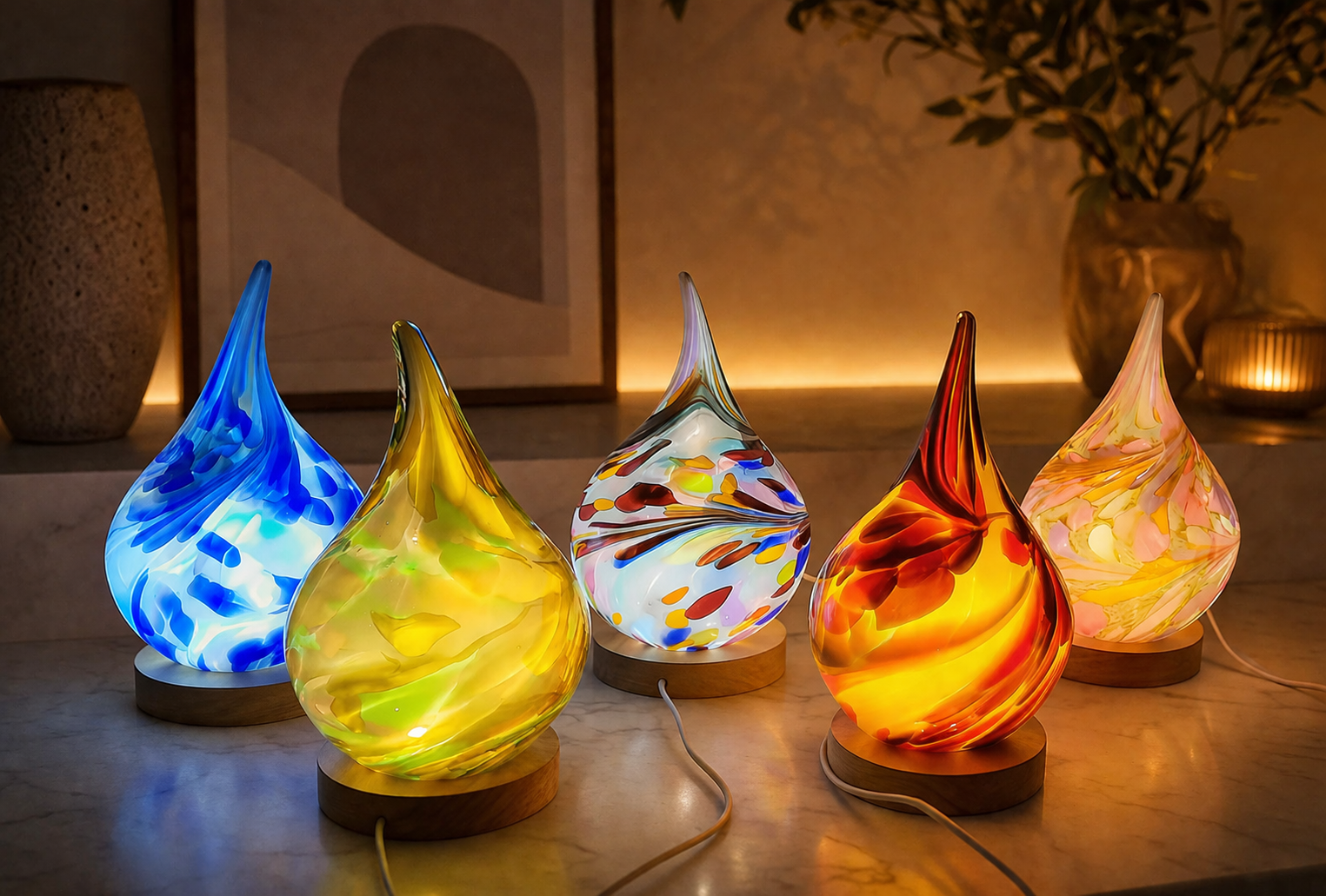 Rękodzieło Lampka szklana LED lampka nocna Łezka 12 cm – kolorowa lampka nocna