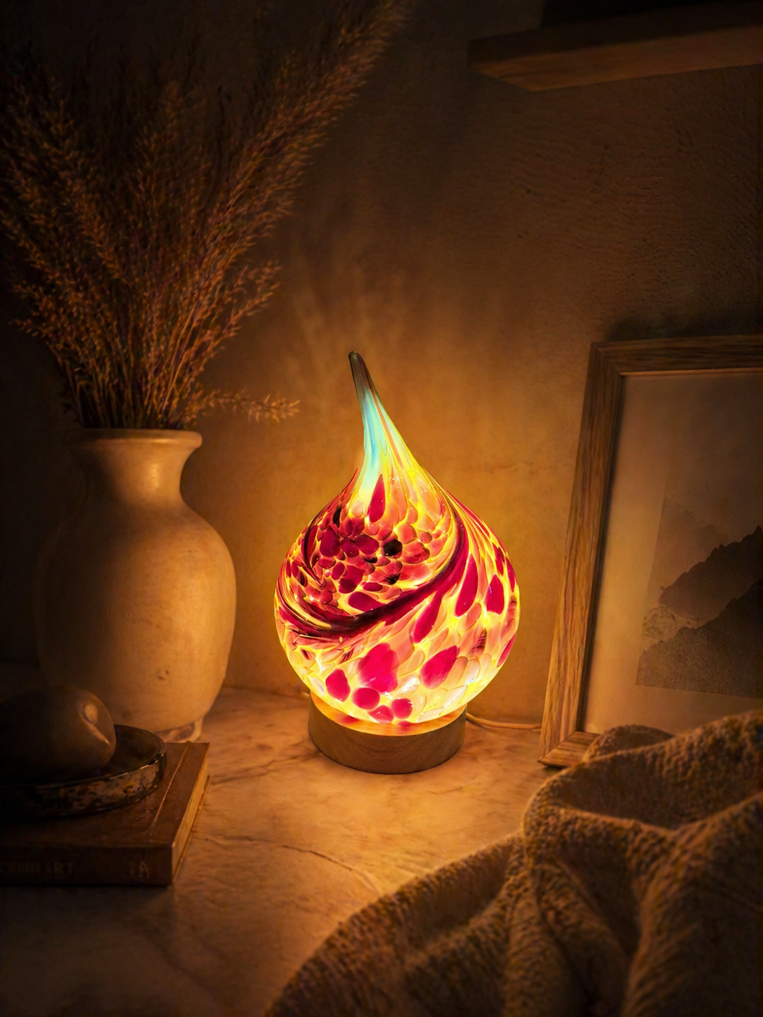 Rękodzieło Lampka szklana LED lampka nocna Łezka 12 cm – kolorowa lampka nocna