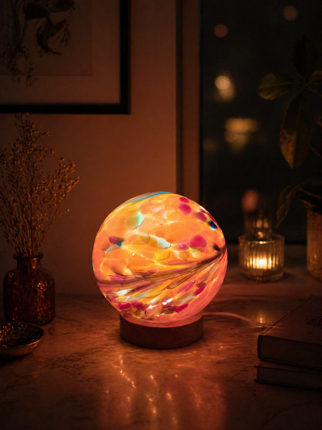 Rękodzieło lampka szklana nocna LED Kula Rose Planet 12 cm