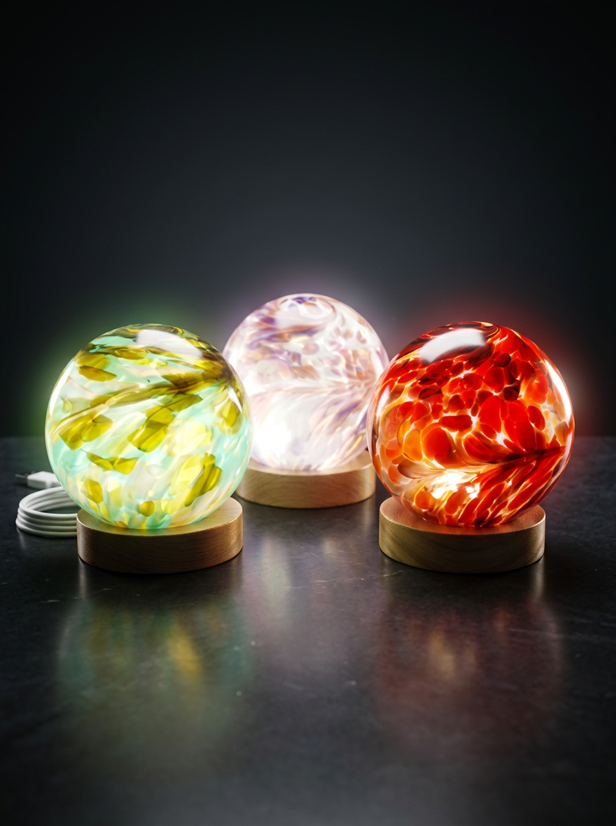 Rękodzieło lampka Green Light szklana nocna LED Zielona Kula 12 cm