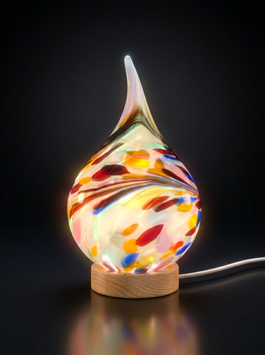 Lampka szklana LED Drop Fiesta 12 cm – Ręcznie wykonana kolorowa lampka nocna
