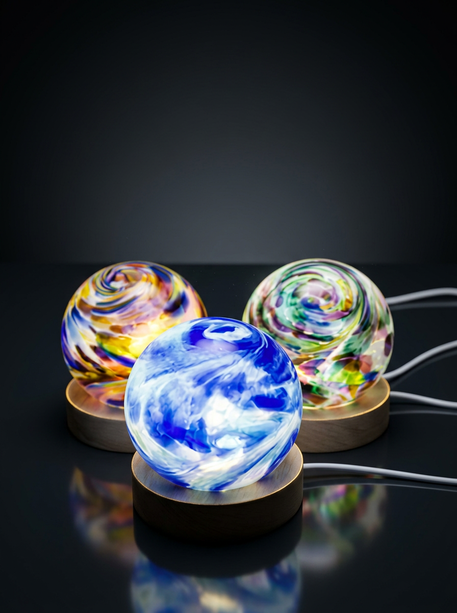 Rękodzieło lampka Green Light szklana nocna LED Zielona Kula 12 cm